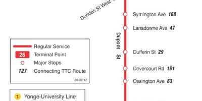 Térkép TTC 26 Dupont busz útvonal Toronto