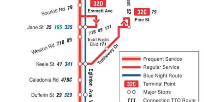 Térkép TTC 32 Eglinton Nyugat-busz útvonal Toronto
