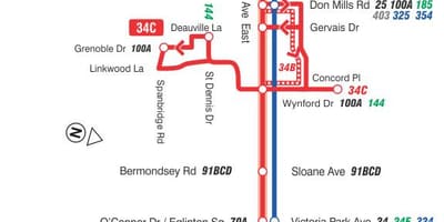 Térkép TTC 34 Eglinton Kelet-busz útvonal Toronto