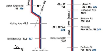 Térkép TTC 36 Finch Nyugat-busz útvonal Toronto