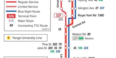 Térkép TTC 52 Lawrence Nyugat-busz útvonal Toronto