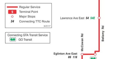 Térkép TTC 9 Bellamy busz útvonal Toronto